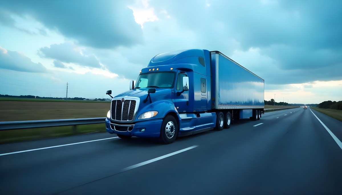 A Blue Semi Truck On A Highway With Motion Blur The Sky Is Black With Some Clouds Daytime 31 Fb71