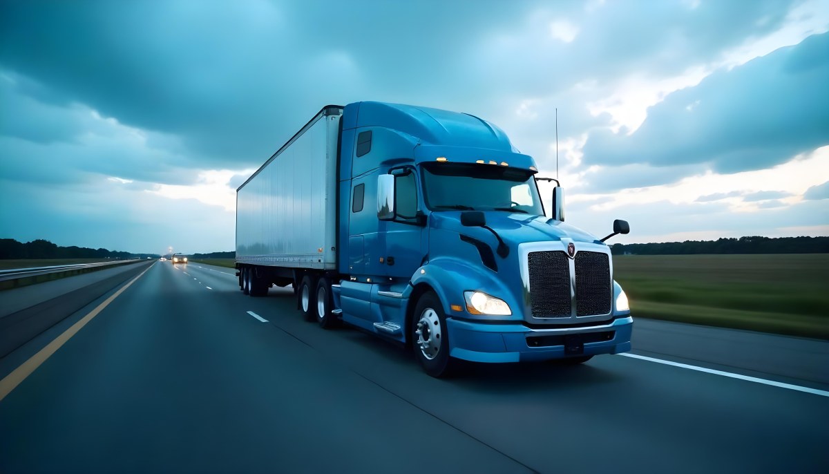 A Blue Semi Truck On A Highway With Motion Blur The Sky Is Black With Some Clouds Daytime 5 Eb78