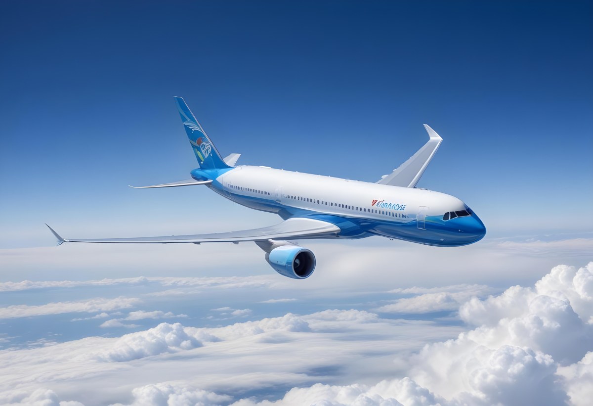 A Commercial Airplane Flying Above The Clouds Against A Clear Blue Sky The Aircraft Is Predominantly Blue With Some Colored Accents On The Tail And Engines The Wings Are Extended And The Scene Captures The Aircraft 5 Bd42