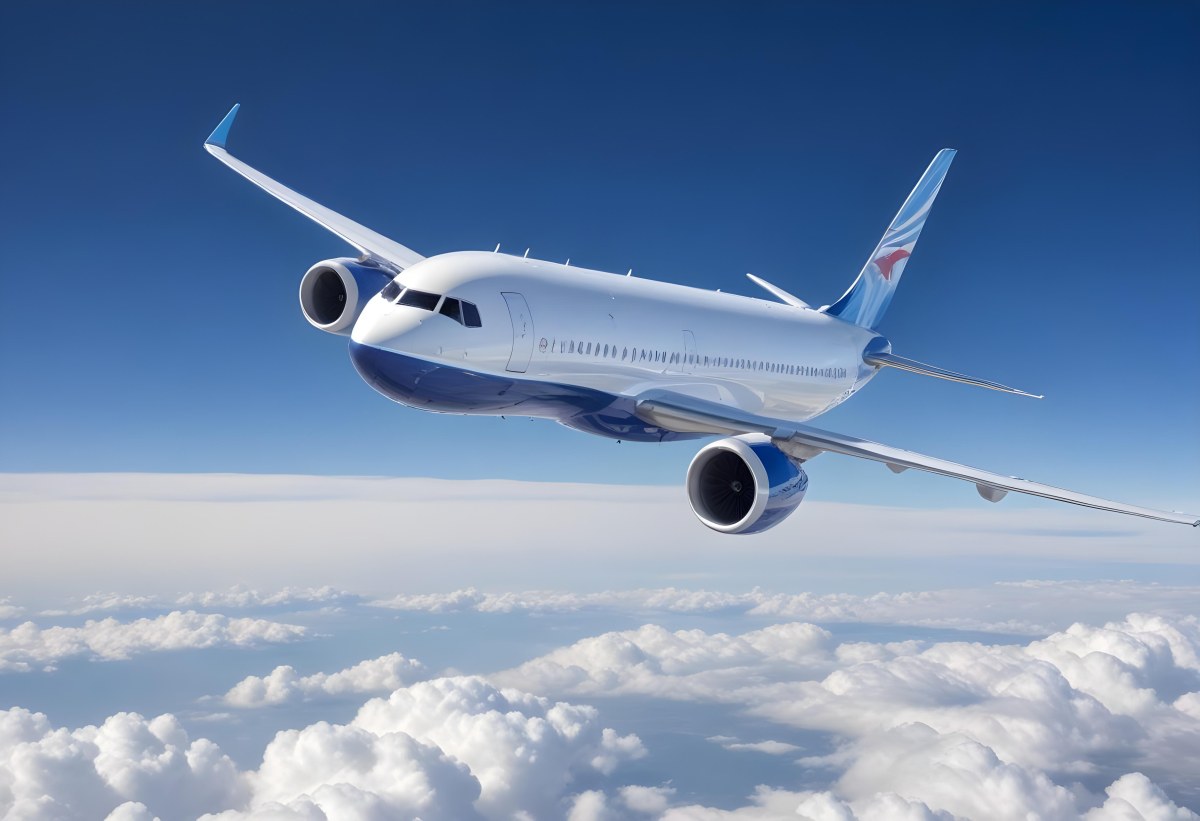 A Commercial Airplane Flying Above The Clouds Against A Clear Blue Sky The Aircraft Is Predominantly Blue With Some Colored Accents On The Tail And Engines The Wings Are Extended And The Scene Captures The Aircraft 6 8df3