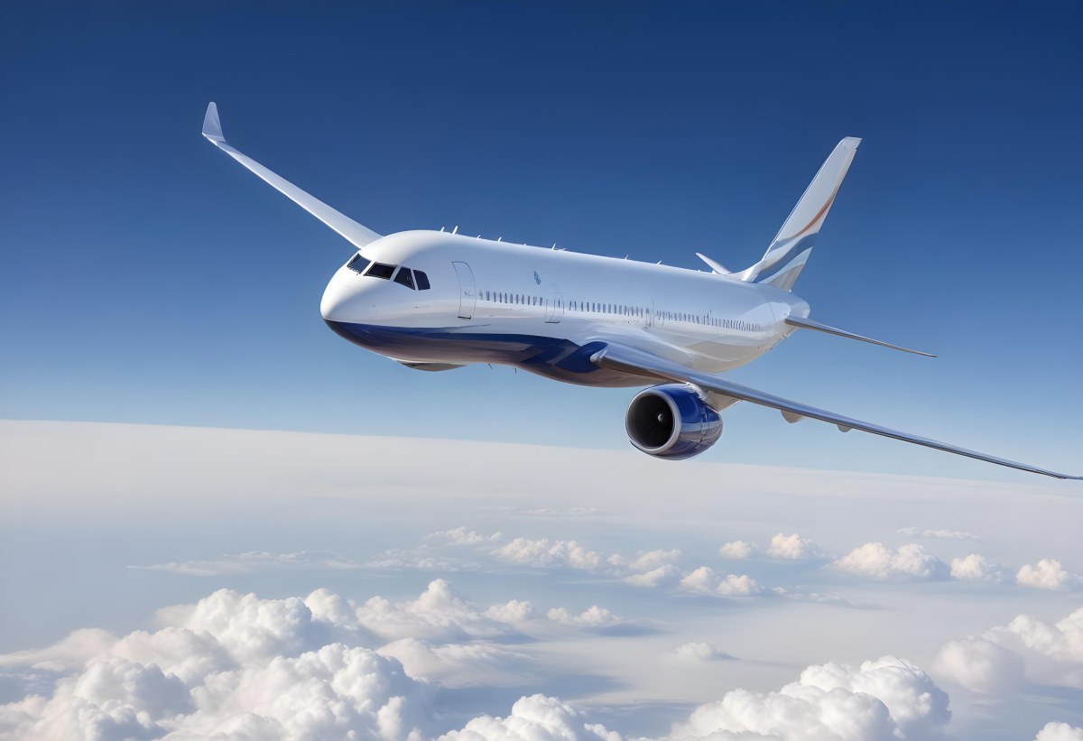 A Commercial Airplane Flying Above The Clouds Against A Clear Blue Sky The Aircraft Is Predominantly Blue With Some Colored Accents On The Tail And Engines The Wings Are Extended And The Scene Captures The Aircraft 7 D8f4