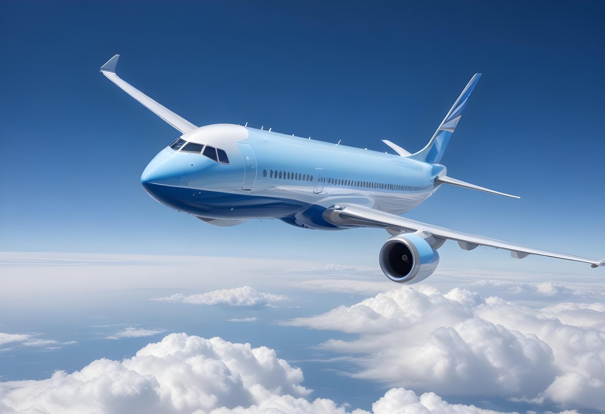 A Commercial Airplane Flying Above The Clouds Against A Clear Blue Sky The Aircraft Is Predominantly Blue With Some Colored Accents On The Tail And Engines The Wings Are Extended And The Scene Captures The Aircraft 8 8029