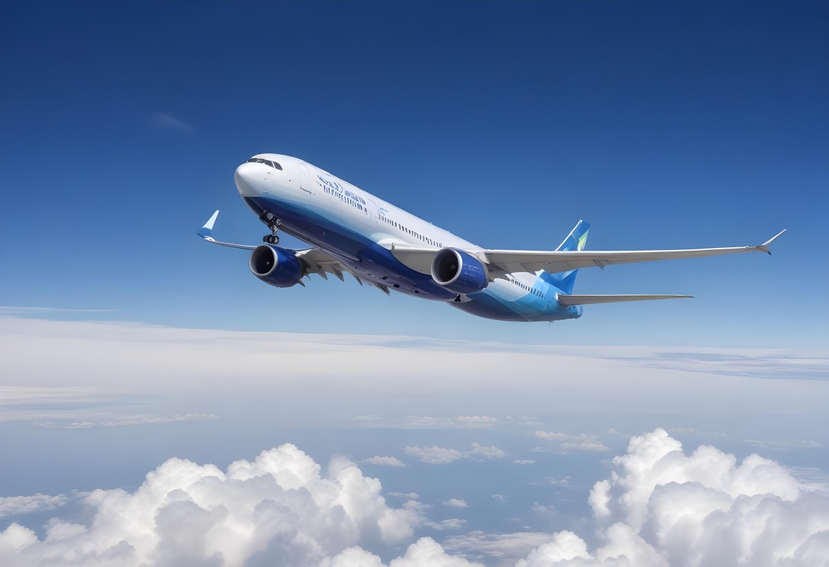 A Commercial Airplane Flying Above The Clouds Against A Clear Blue Sky The Aircraft Is Predominantly Blue With Some Colored Accents On The Tail And Engines The Wings Are Extended And The Scene Captures The Aircraft 9 Bc9d