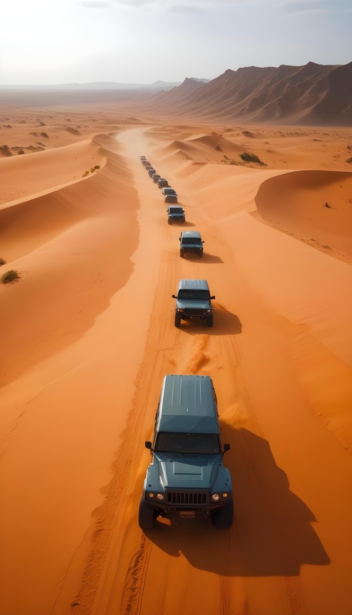 A Convoy Of Off Road Vehicles Driving Through A Vast Sandy Desert Landscape With Rolling Dunes 7 D0e6