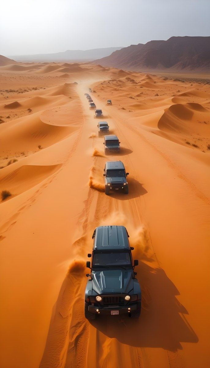 A Convoy Of Off Road Vehicles Driving Through A Vast Sandy Desert Landscape With Rolling Dunes 8 Fd23