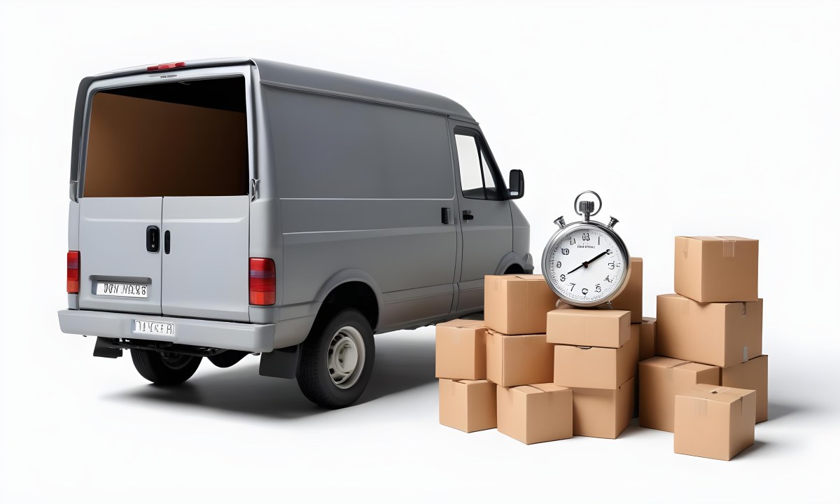 A Gray Delivery Van Parked Next To Several Cardboard Boxes And A Stopwatch Suggesting A Delivery Or Moving Service 1 382a