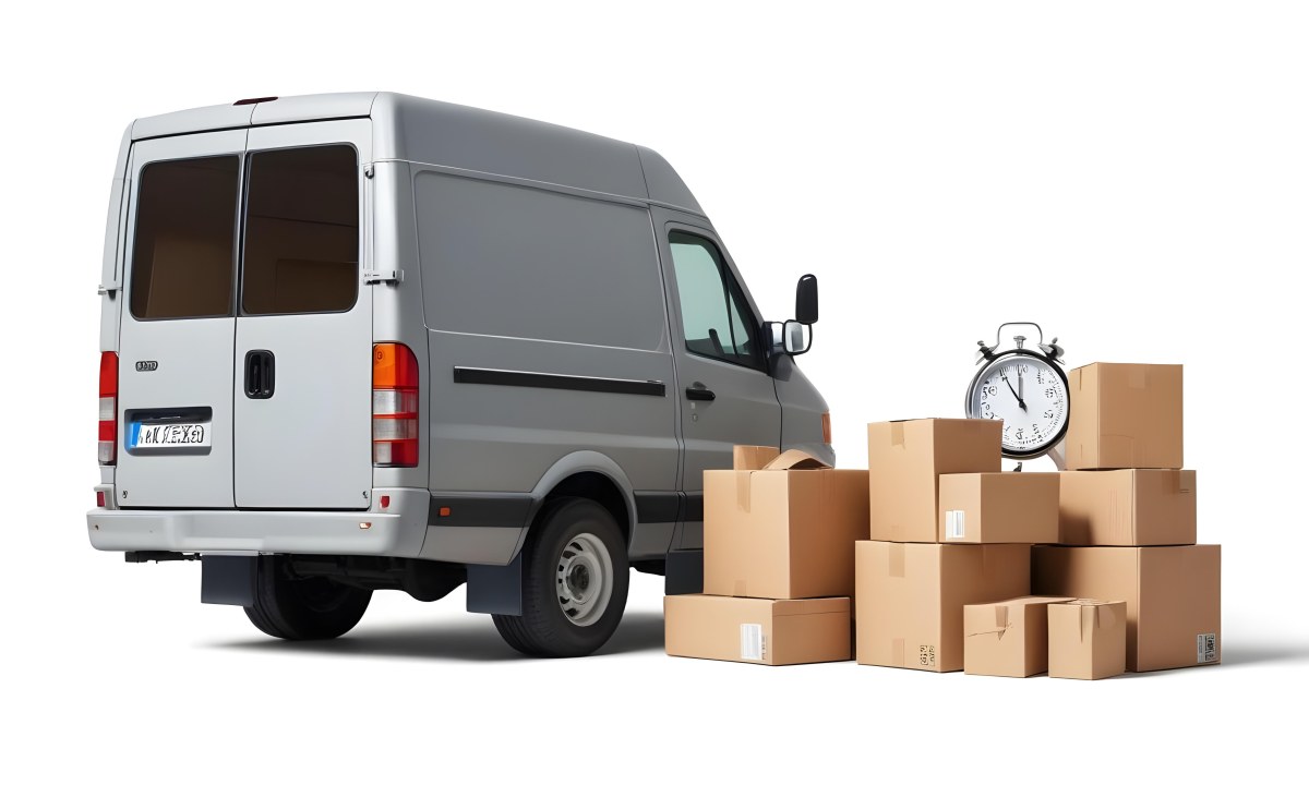 A Gray Delivery Van Parked Next To Several Cardboard Boxes And A Stopwatch Suggesting A Delivery Or Moving Service 14 7615