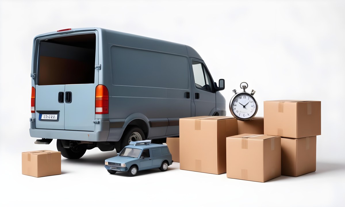 A Gray Delivery Van Parked Next To Several Cardboard Boxes And A Stopwatch Suggesting A Delivery Or Moving Service 15 5f89