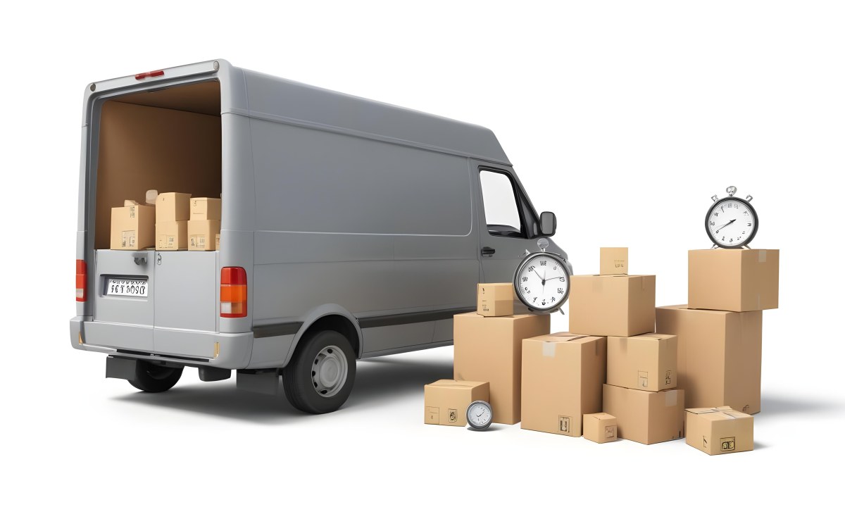 A Gray Delivery Van Parked Next To Several Cardboard Boxes And A Stopwatch Suggesting A Delivery Or Moving Service 18 Ca57