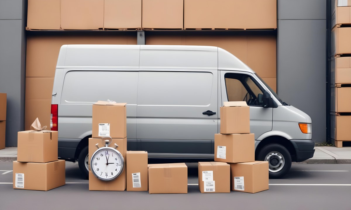 A Gray Delivery Van Parked Next To Several Cardboard Boxes And A Stopwatch Suggesting A Delivery Or Moving Service 19 9bf0