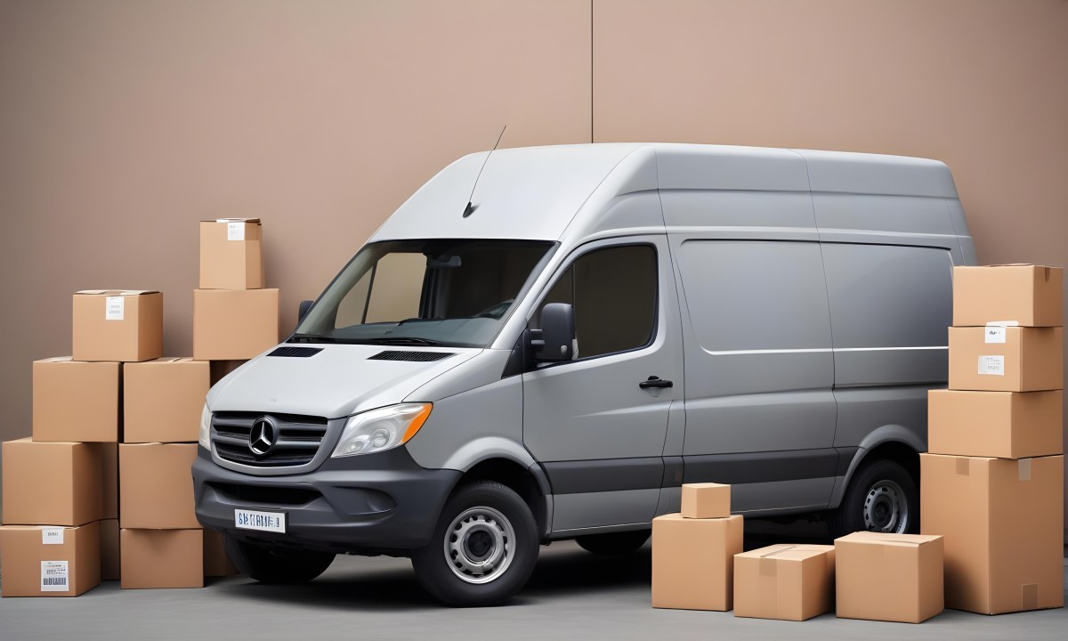 A Gray Delivery Van Parked Next To Several Cardboard Boxes And A Stopwatch Suggesting A Delivery Or Moving Service 20 2cf1