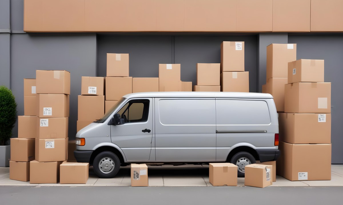 A Gray Delivery Van Parked Next To Several Cardboard Boxes And A Stopwatch Suggesting A Delivery Or Moving Service 21 Bf3e