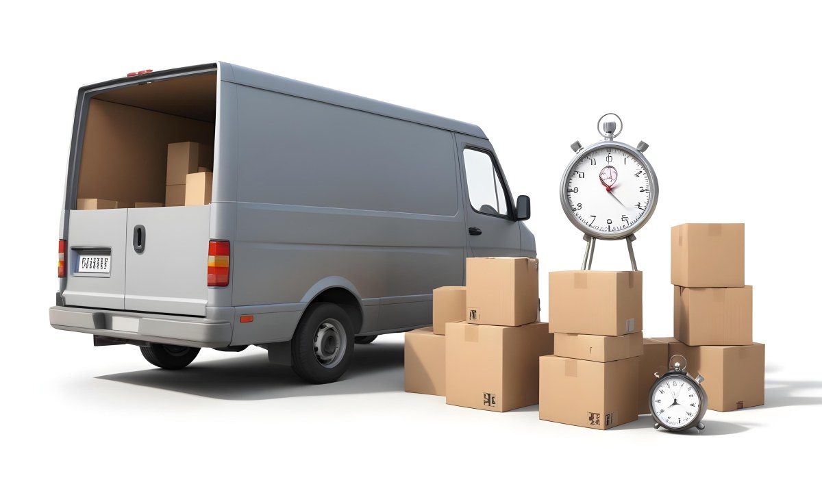 A Gray Delivery Van Parked Next To Several Cardboard Boxes And A Stopwatch Suggesting A Delivery Or Moving Service 22 Ea4d
