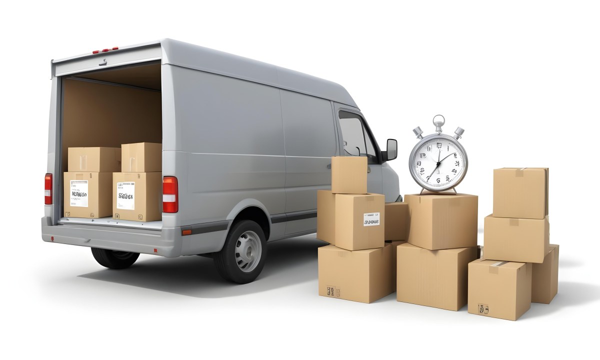 A Gray Delivery Van Parked Next To Several Cardboard Boxes And A Stopwatch Suggesting A Delivery Or Moving Service 23 9d01