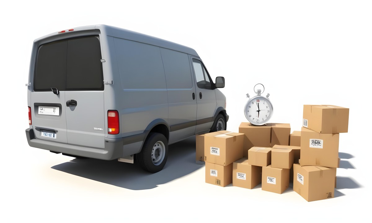 A Gray Delivery Van Parked Next To Several Cardboard Boxes And A Stopwatch Suggesting A Delivery Or Moving Service 24 2253