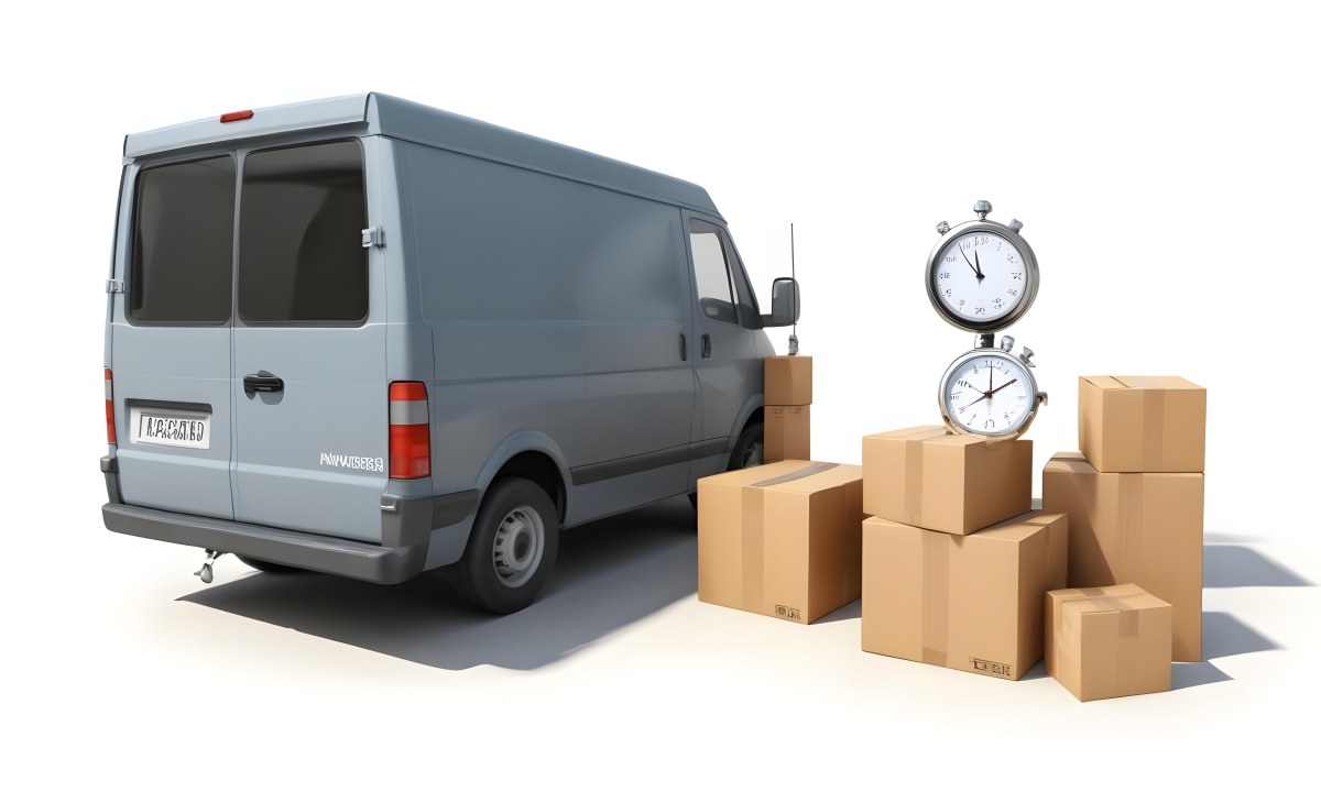 A Gray Delivery Van Parked Next To Several Cardboard Boxes And A Stopwatch Suggesting A Delivery Or Moving Service 25 Aa76