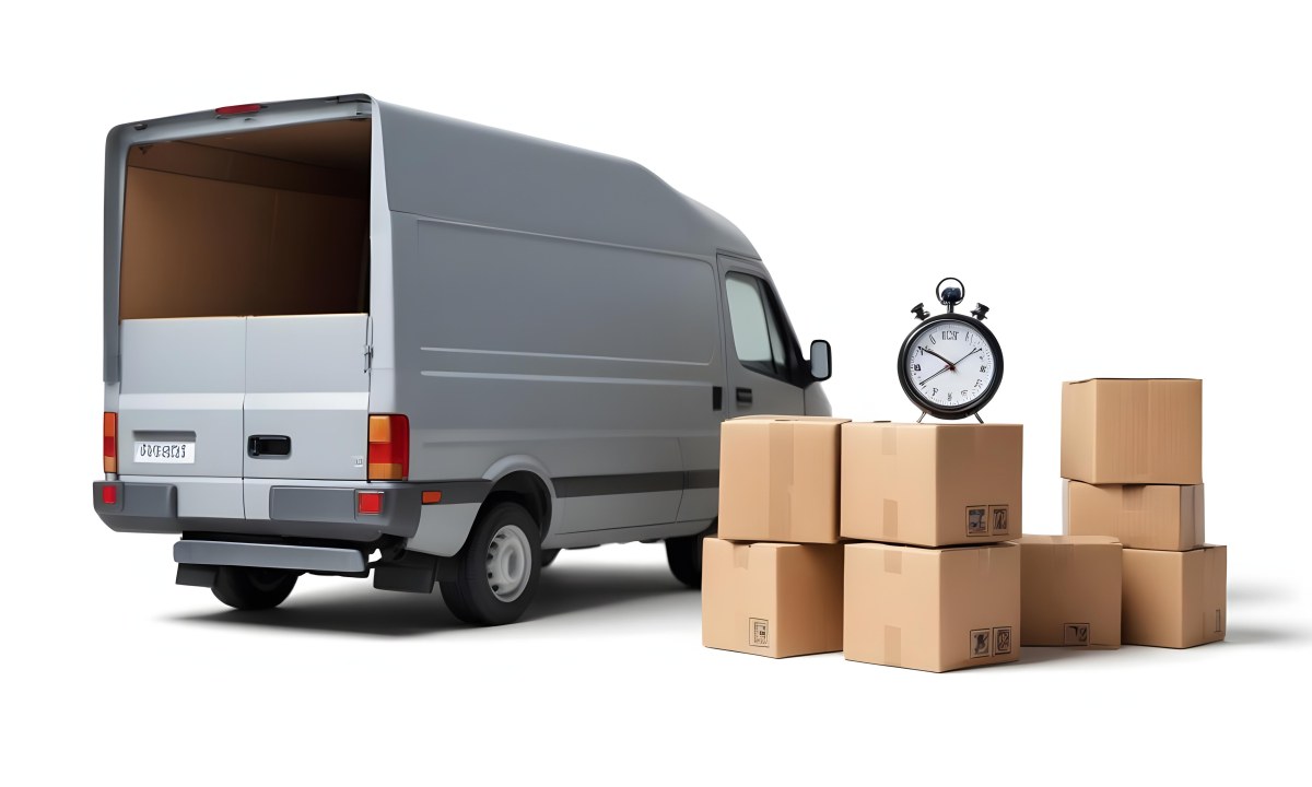 A Gray Delivery Van Parked Next To Several Cardboard Boxes And A Stopwatch Suggesting A Delivery Or Moving Service 3 D32d
