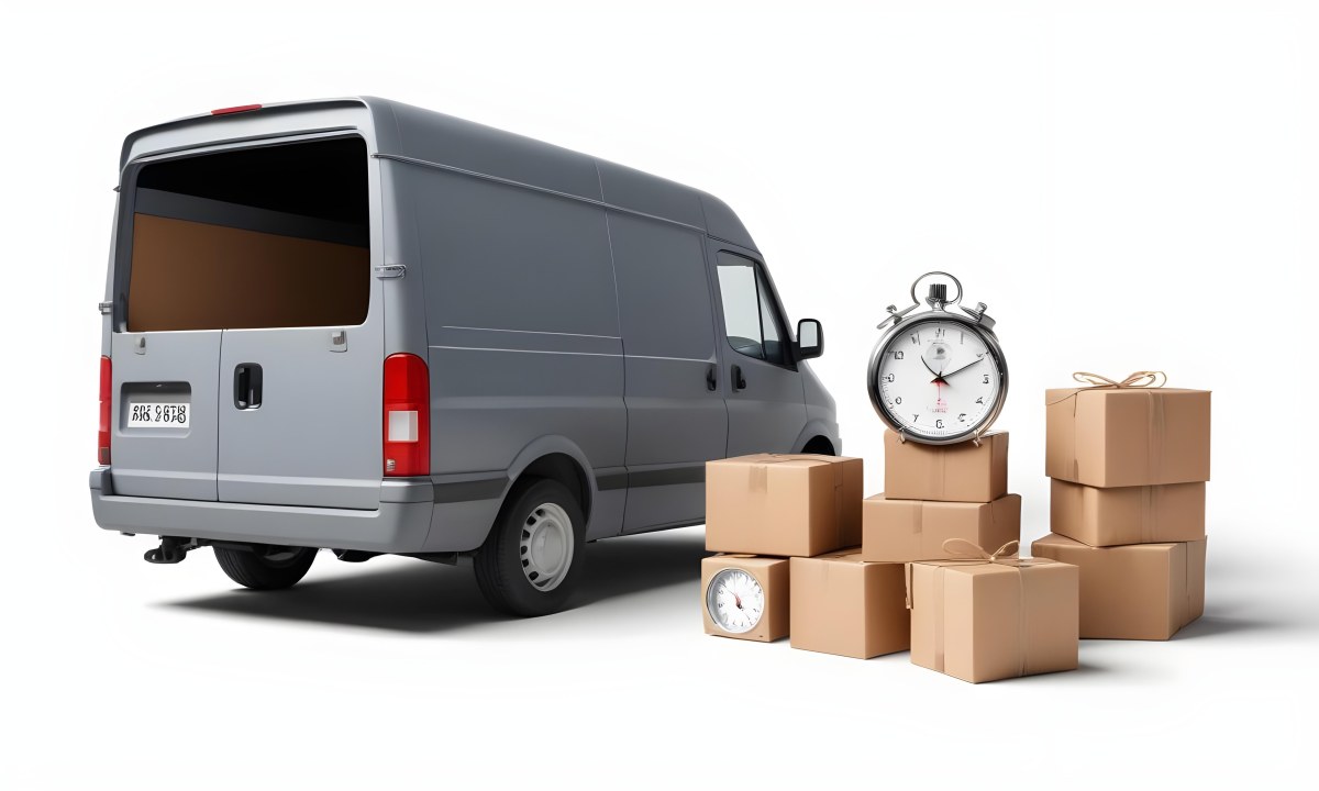 A Gray Delivery Van Parked Next To Several Cardboard Boxes And A Stopwatch Suggesting A Delivery Or Moving Service 5 4606
