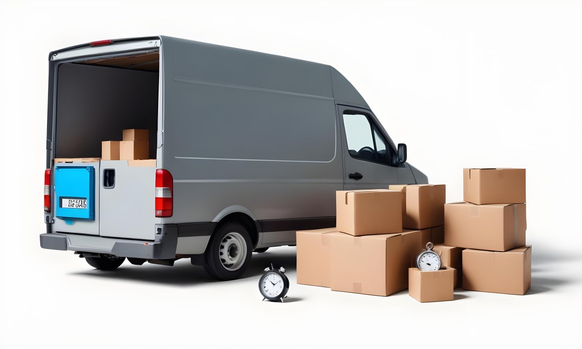 A Gray Delivery Van Parked Next To Several Cardboard Boxes And A Stopwatch Suggesting A Delivery Or Moving Service 6 Adc4