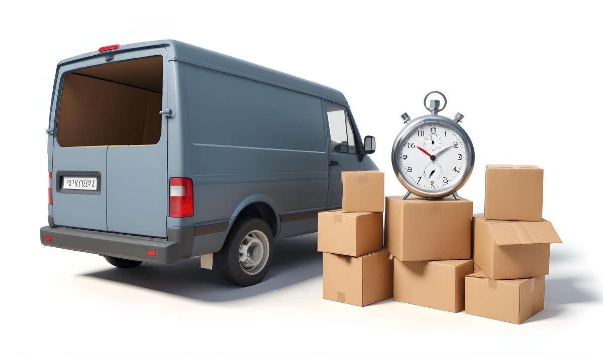 A Gray Delivery Van Parked Next To Several Cardboard Boxes And A Stopwatch Suggesting A Delivery Or Moving Service 7 6b65