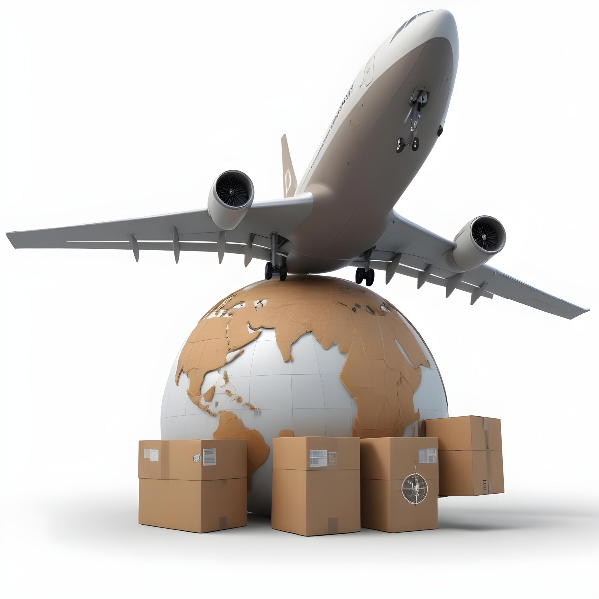 A Large Commercial Airplane Taking Off From A Globe With Cardboard Boxes And A Compass On The Ground Representing Global Logistics And Transportation 1 D56d