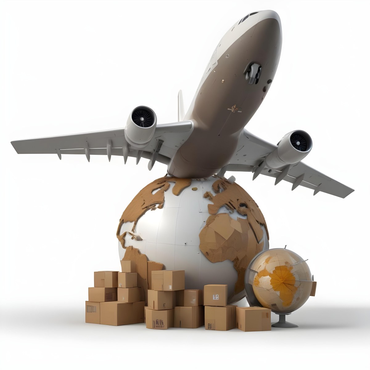 A Large Commercial Airplane Taking Off From A Globe With Cardboard Boxes And A Compass On The Ground Representing Global Logistics And Transportation 10 Ca42