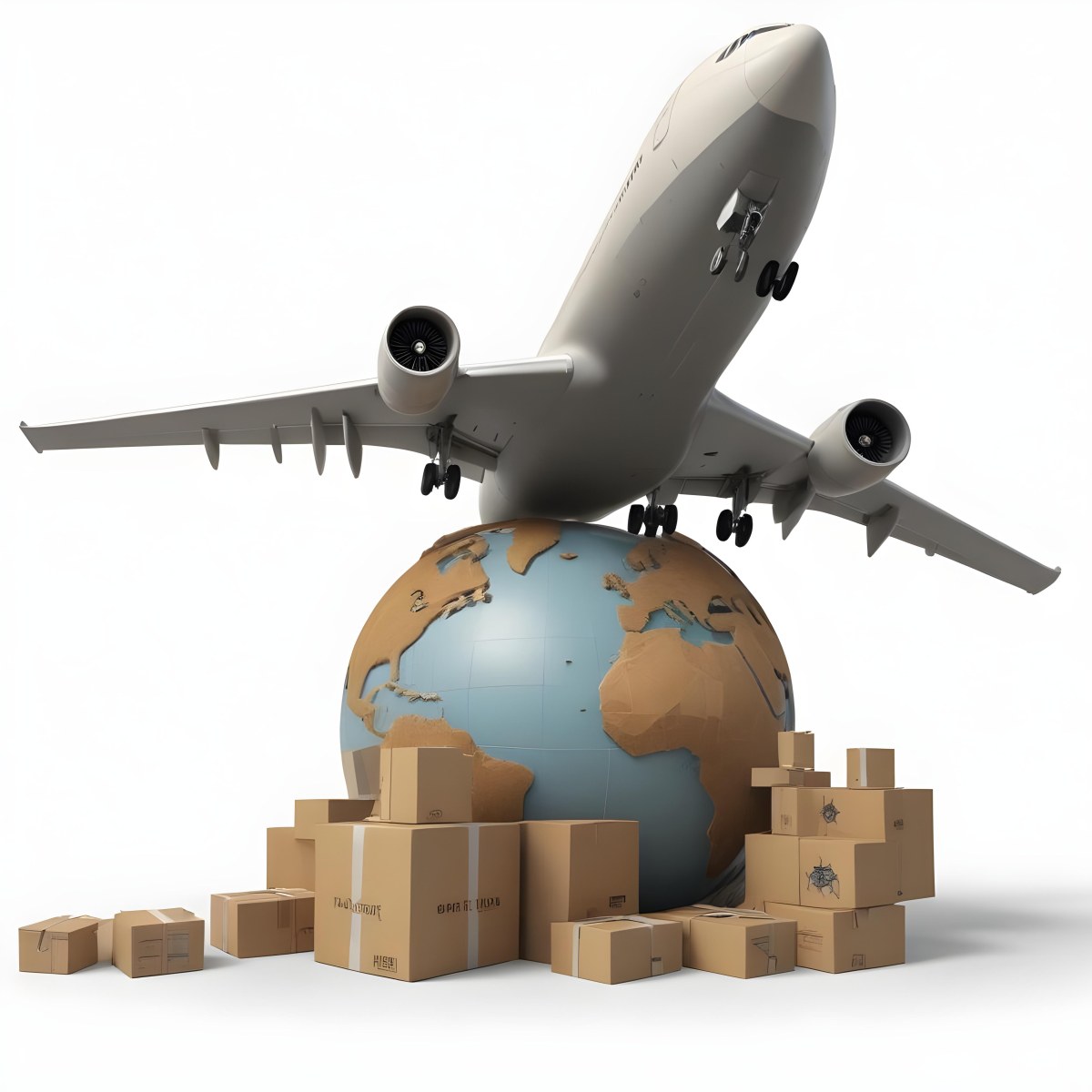 A Large Commercial Airplane Taking Off From A Globe With Cardboard Boxes And A Compass On The Ground Representing Global Logistics And Transportation 15 B5a5