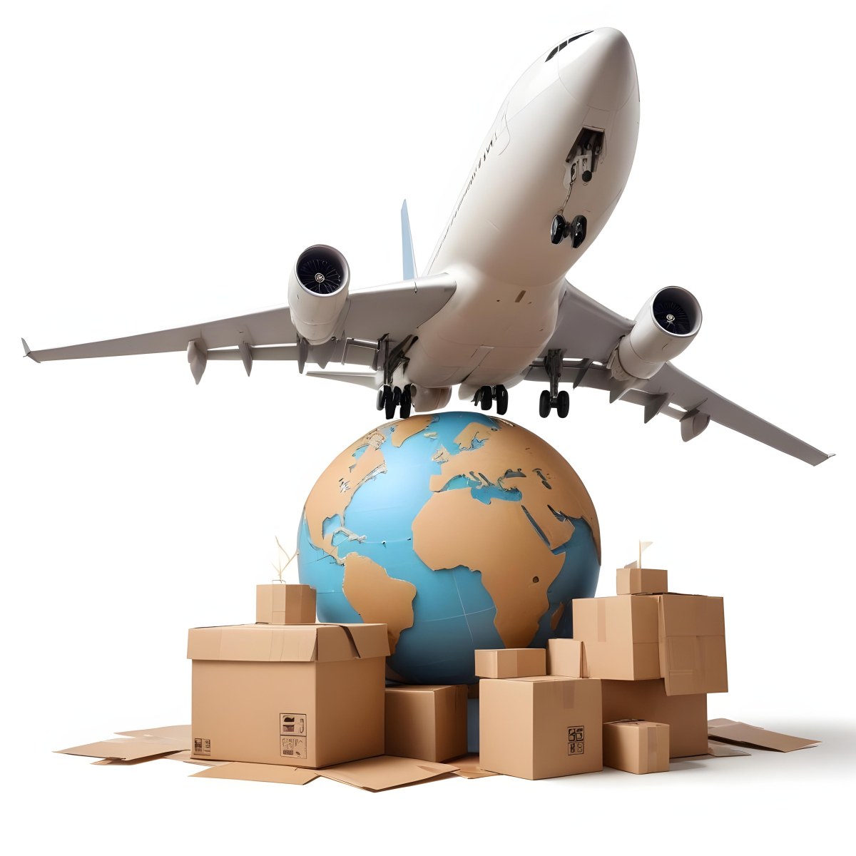 A Large Commercial Airplane Taking Off From A Globe With Cardboard Boxes And A Compass On The Ground Representing Global Logistics And Transportation 22 Ced0