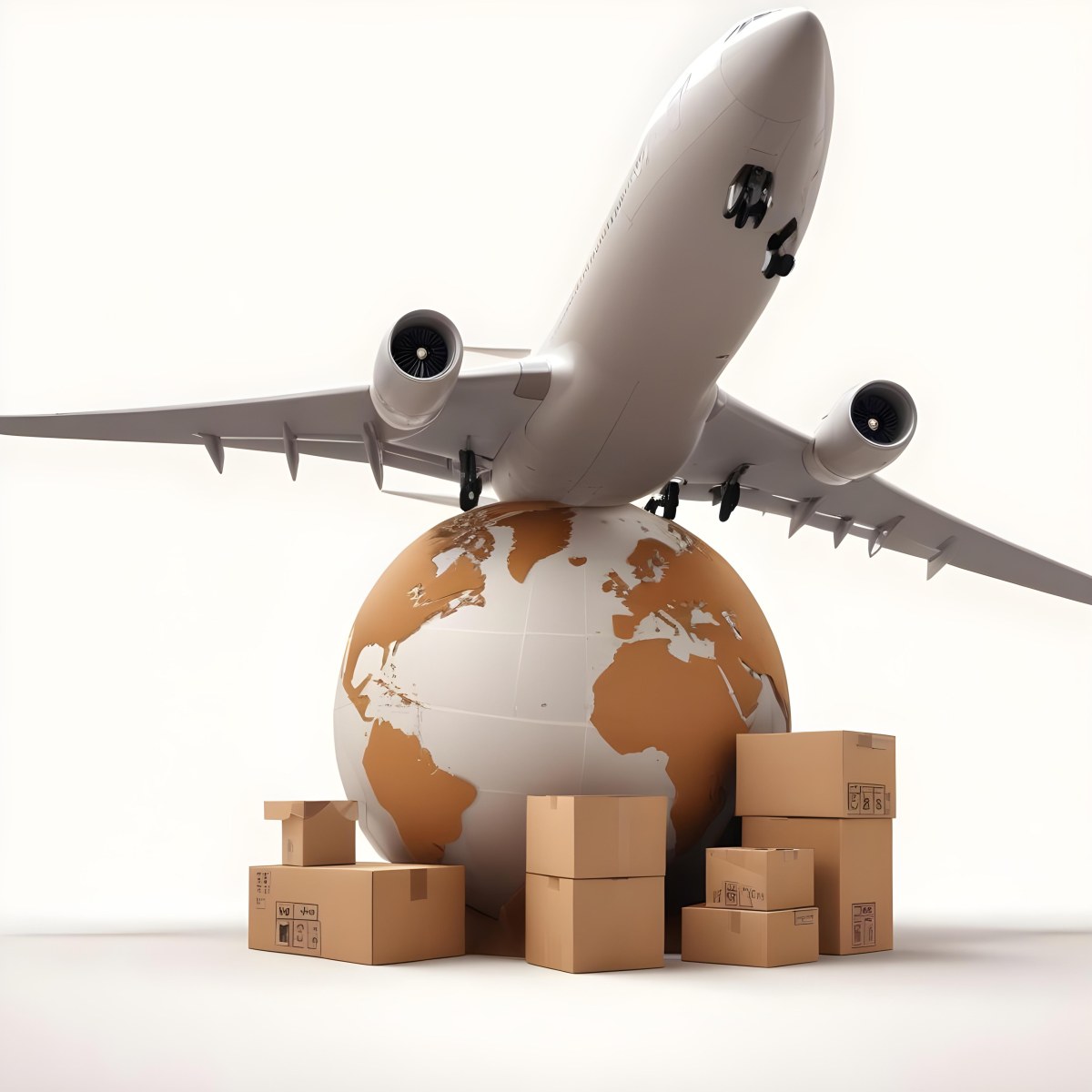 A Large Commercial Airplane Taking Off From A Globe With Cardboard Boxes And A Compass On The Ground Representing Global Logistics And Transportation 24 Cd71