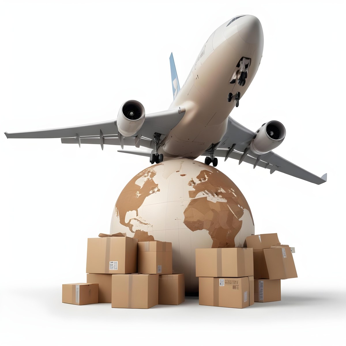 A Large Commercial Airplane Taking Off From A Globe With Cardboard Boxes And A Compass On The Ground Representing Global Logistics And Transportation 31 Bce2