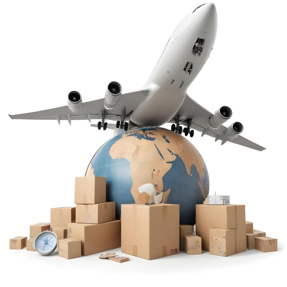 A Large Commercial Airplane Taking Off From A Globe With Cardboard Boxes And A Compass On The Ground Representing Global Logistics And Transportation 33 8135