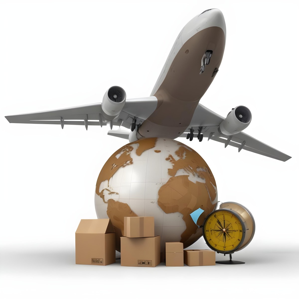 A Large Commercial Airplane Taking Off From A Globe With Cardboard Boxes And A Compass On The Ground Representing Global Logistics And Transportation 35 9dd6