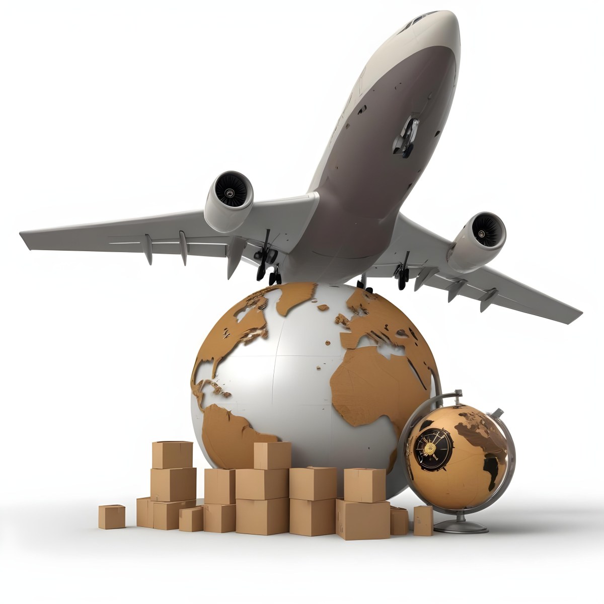 A Large Commercial Airplane Taking Off From A Globe With Cardboard Boxes And A Compass On The Ground Representing Global Logistics And Transportation 36 2d67