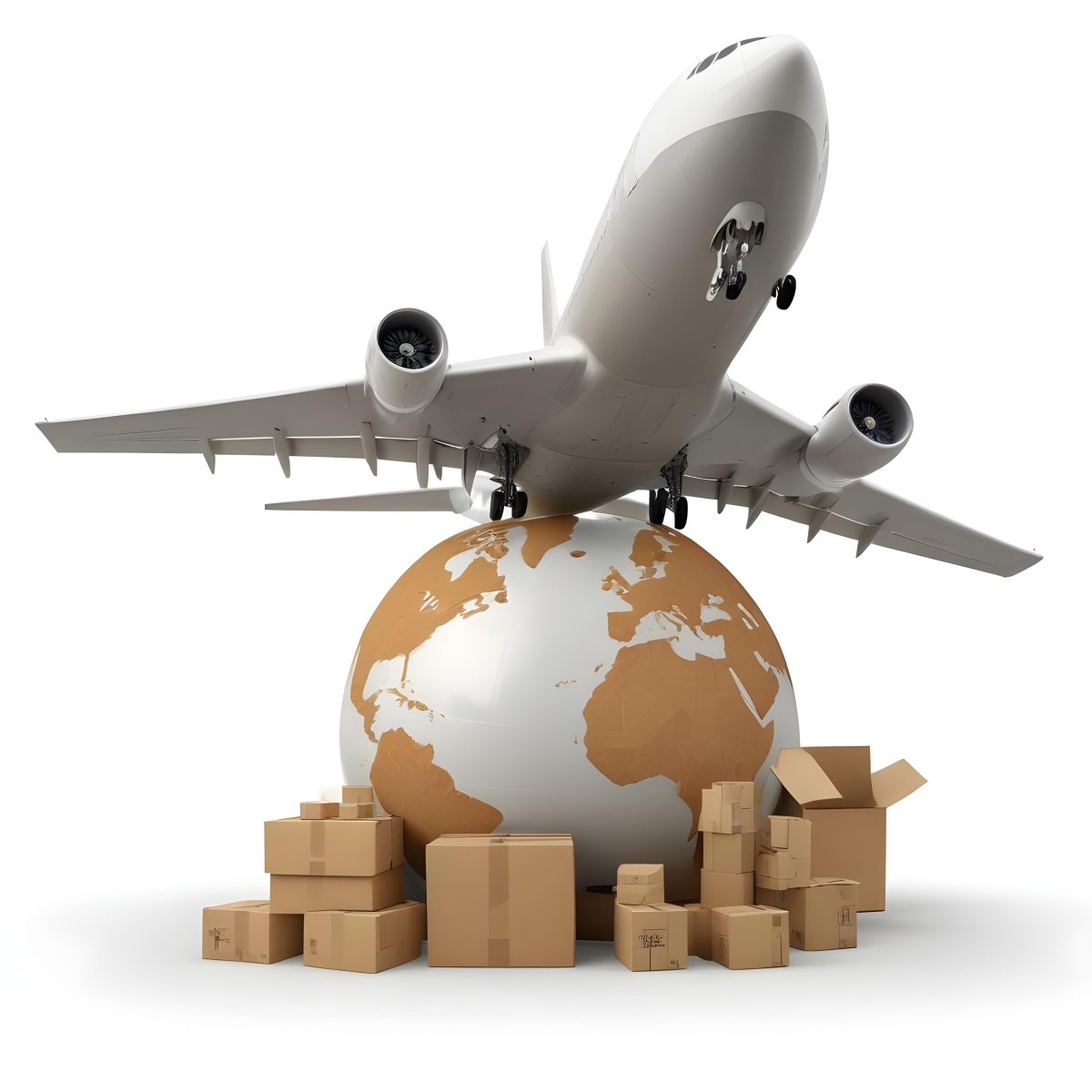 A Large Commercial Airplane Taking Off From A Globe With Cardboard Boxes And A Compass On The Ground Representing Global Logistics And Transportation 37 6182