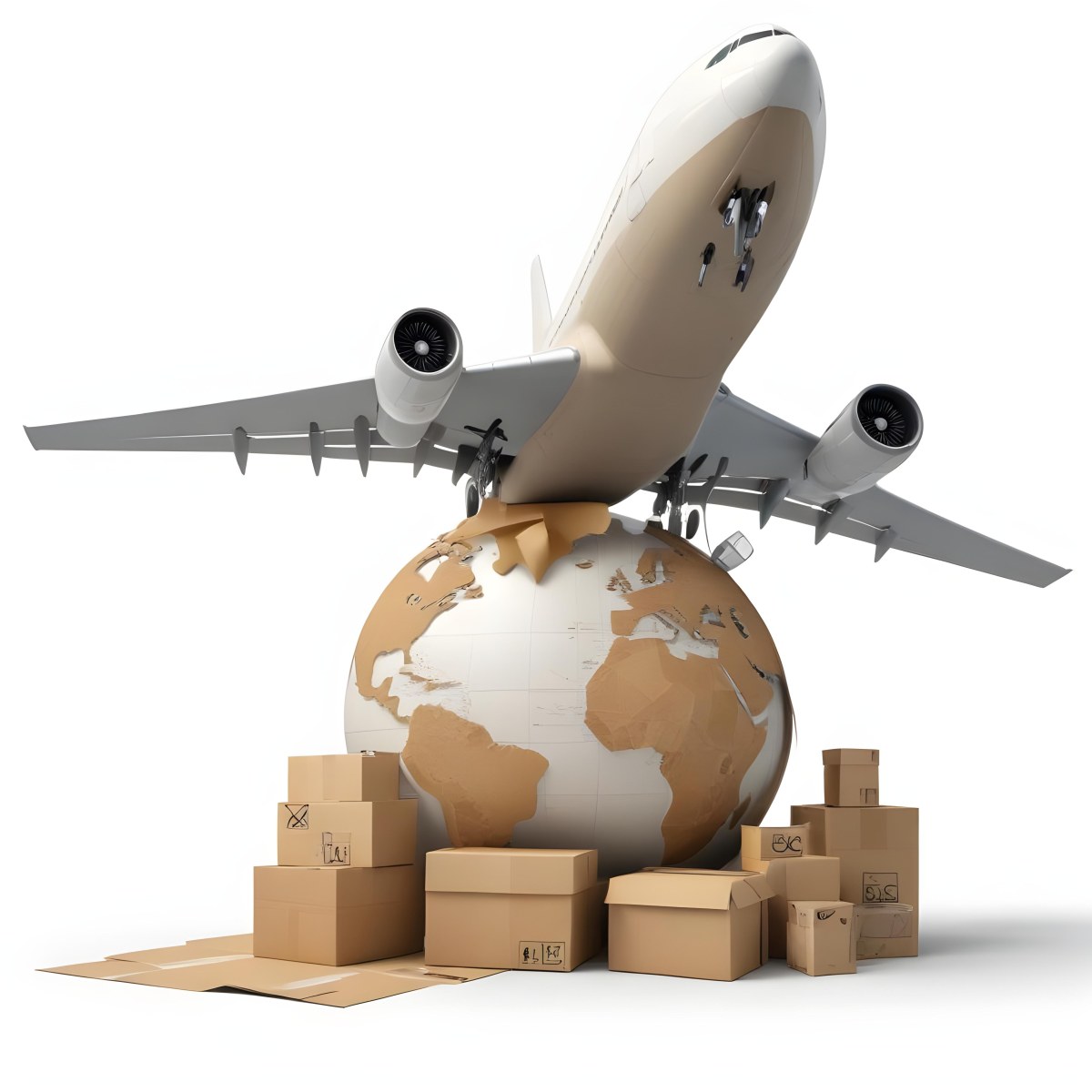 A Large Commercial Airplane Taking Off From A Globe With Cardboard Boxes And A Compass On The Ground Representing Global Logistics And Transportation 38 7d23