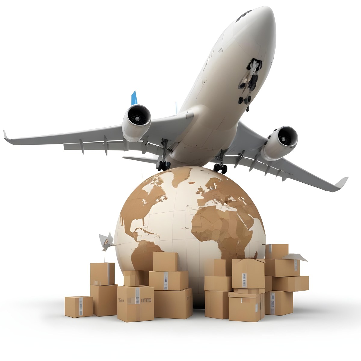 A Large Commercial Airplane Taking Off From A Globe With Cardboard Boxes And A Compass On The Ground Representing Global Logistics And Transportation 39 6cf1