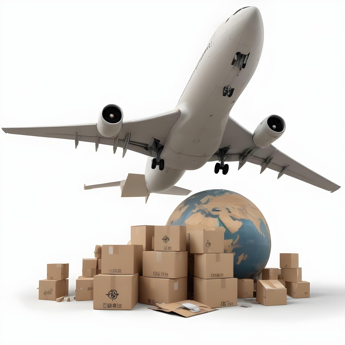 A Large Commercial Airplane Taking Off From A Globe With Cardboard Boxes And A Compass On The Ground Representing Global Logistics And Transportation 5 10a8