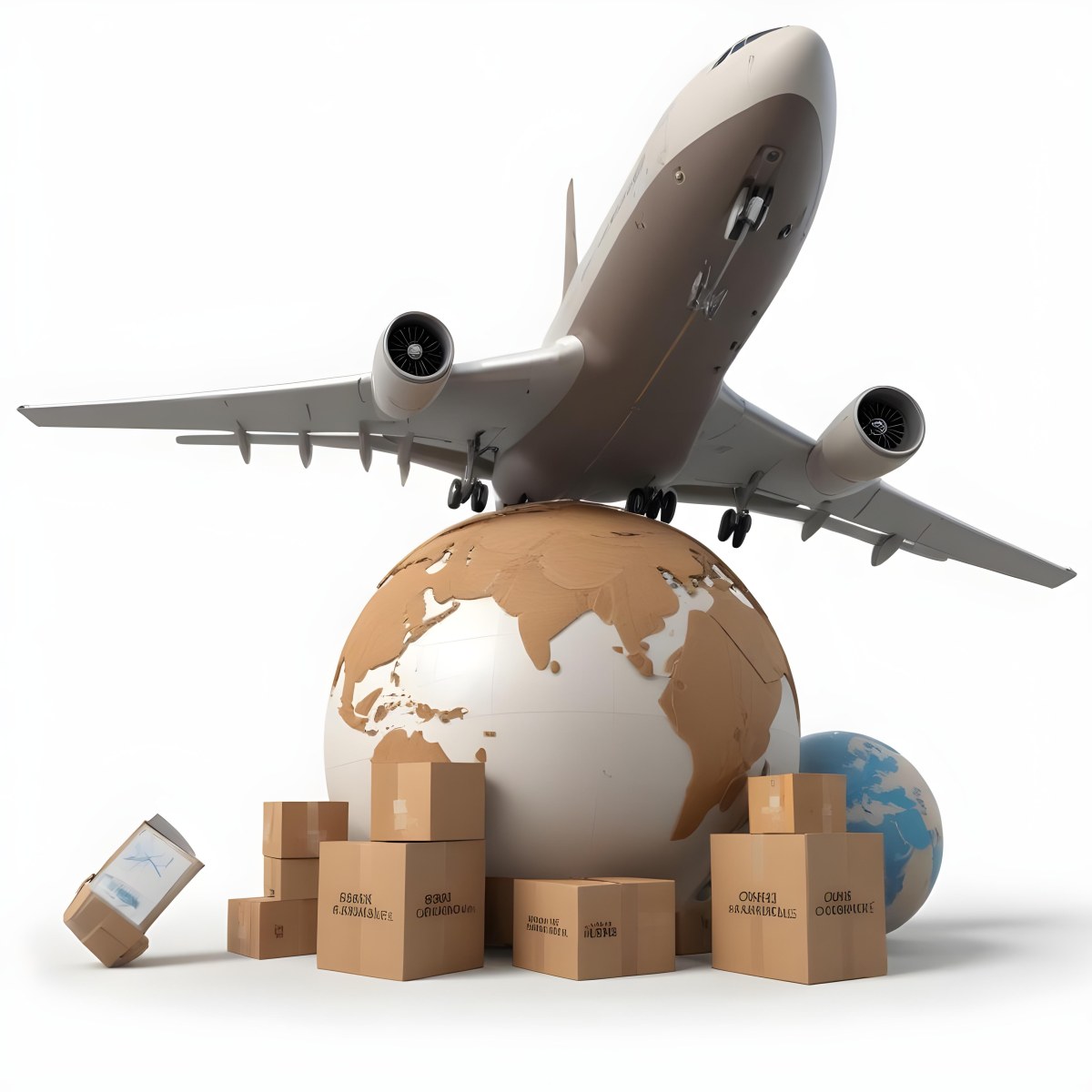 A Large Commercial Airplane Taking Off From A Globe With Cardboard Boxes And A Compass On The Ground Representing Global Logistics And Transportation 6 F42e