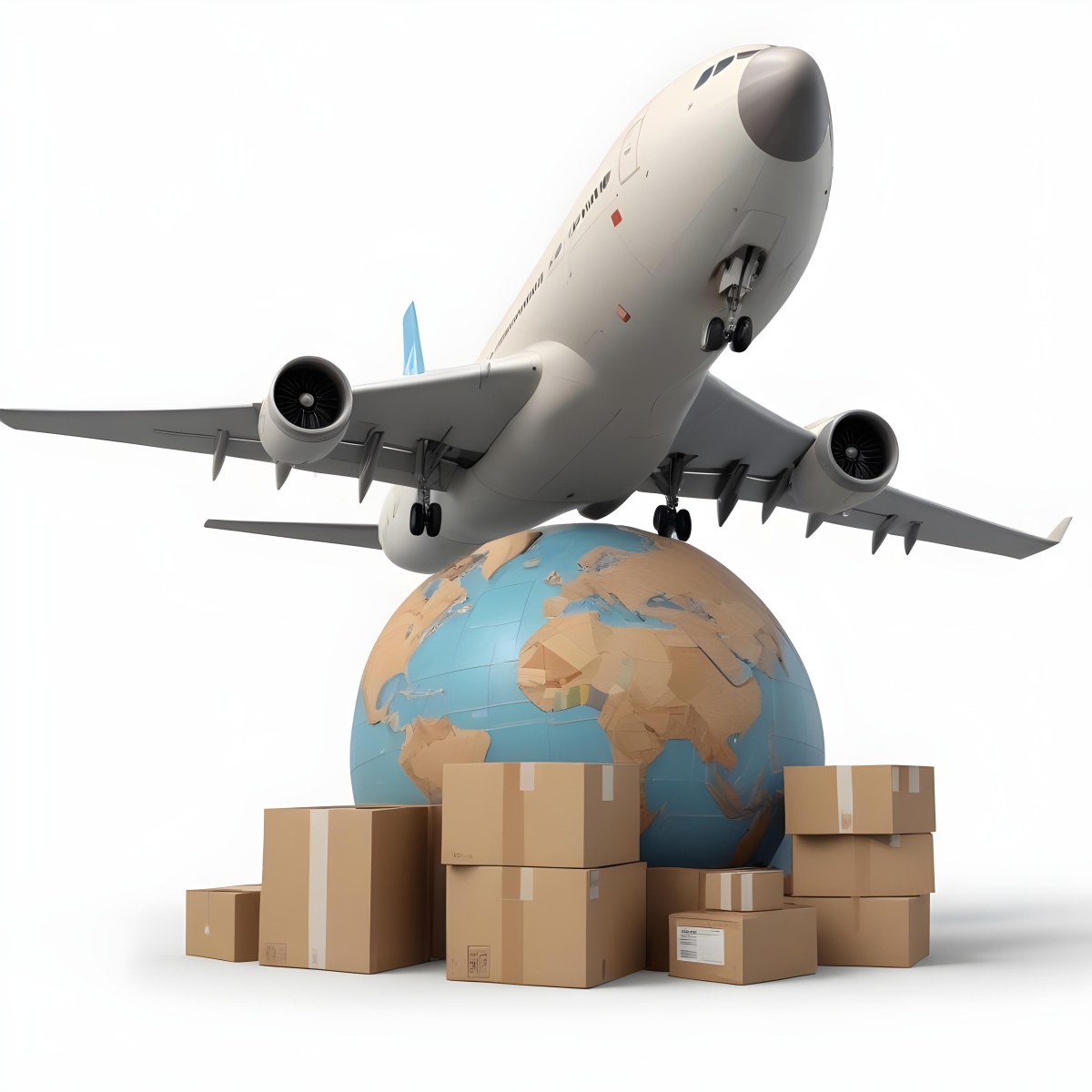 A Large Commercial Airplane Taking Off From A Globe With Cardboard Boxes And A Compass On The Ground Representing Global Logistics And Transportation 7 6d35