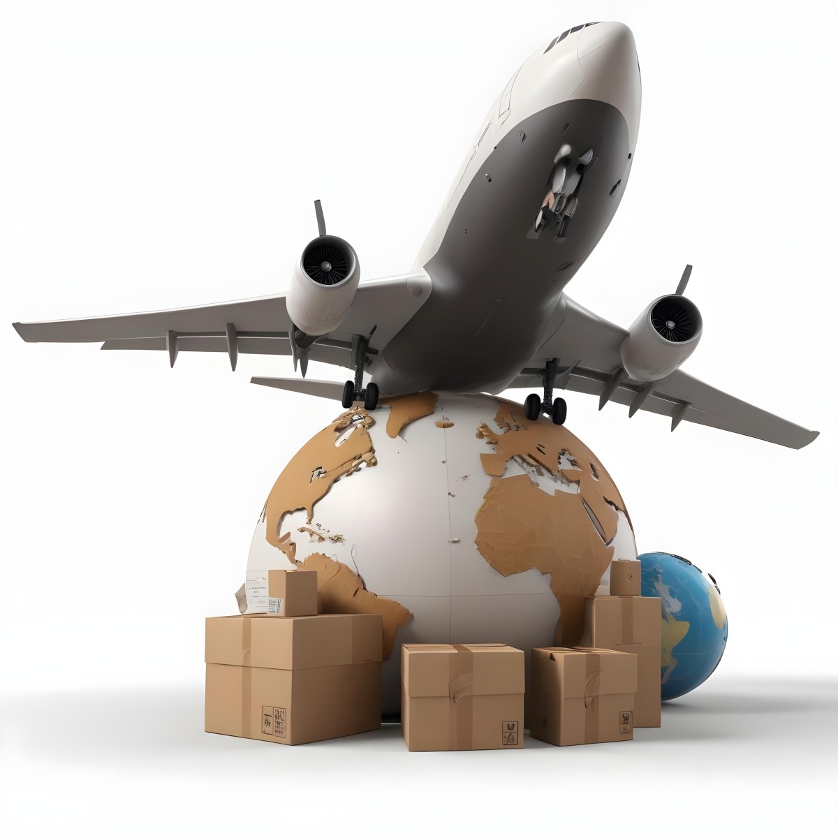 A Large Commercial Airplane Taking Off From A Globe With Cardboard Boxes And A Compass On The Ground Representing Global Logistics And Transportation 8 C77c