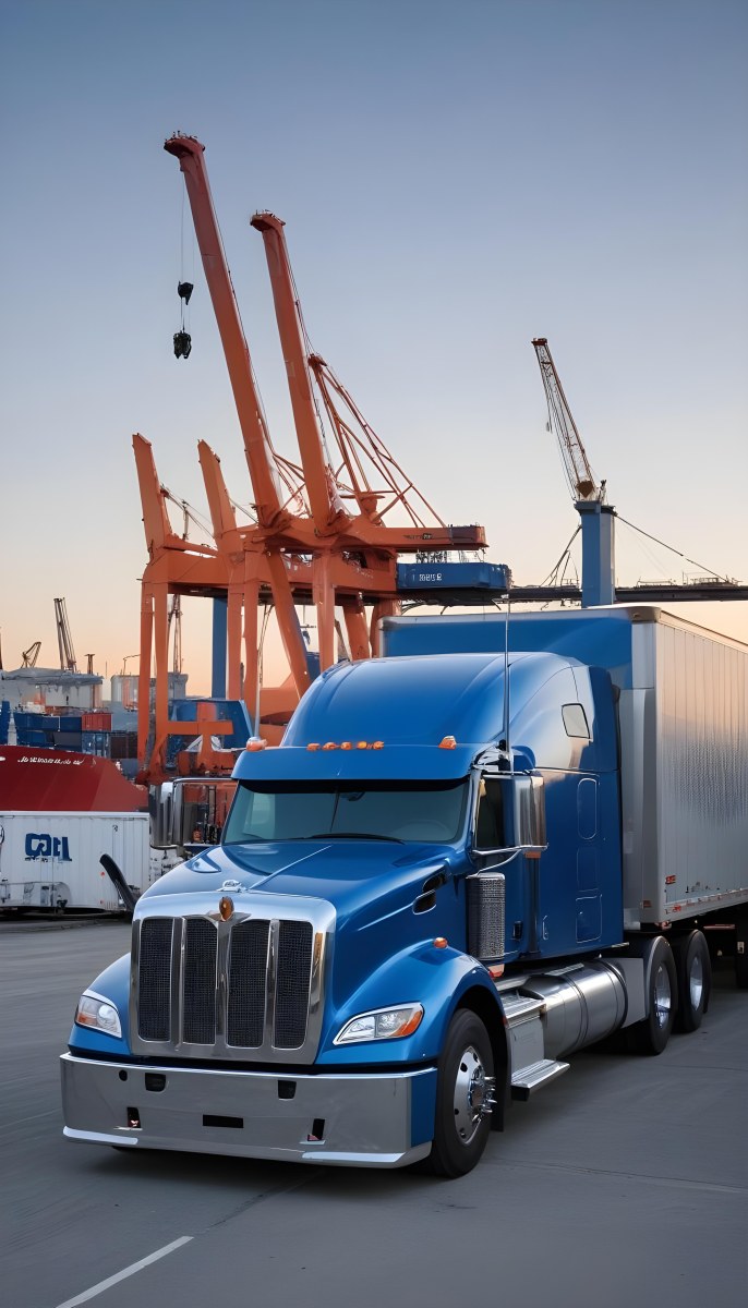 A Large Semi Truck With A Blue Cab And A Gray Trailer Parked In Front Of A Port With Cranes In The Background 12 Cc22