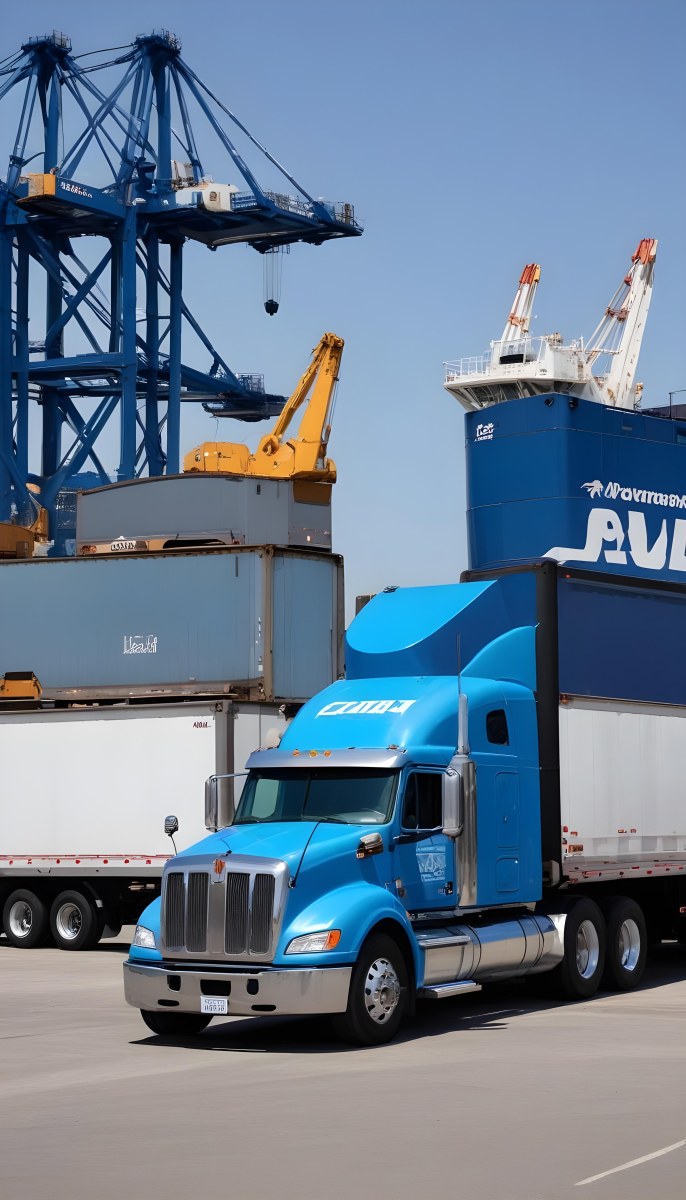A Large Semi Truck With A Blue Cab And A Gray Trailer Parked In Front Of A Port With Cranes In The Background 13 6916