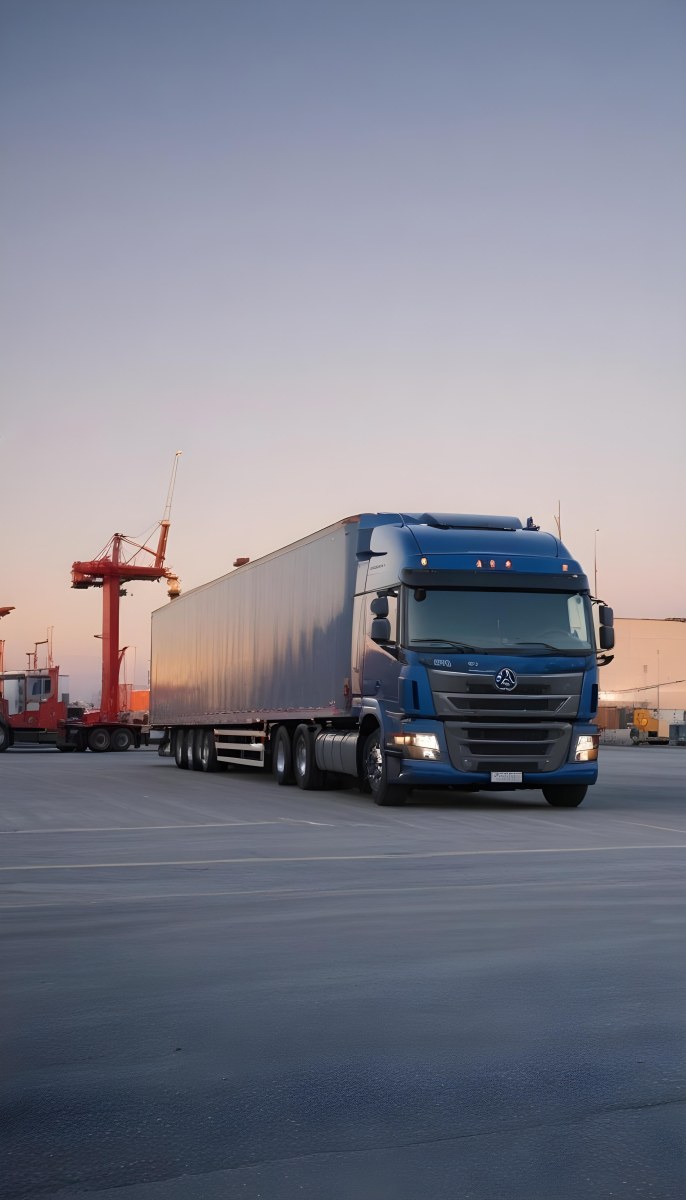 A Large Semi Truck With A Blue Cab And A Gray Trailer Parked In Front Of A Port With Cranes In The Background 16 28ff
