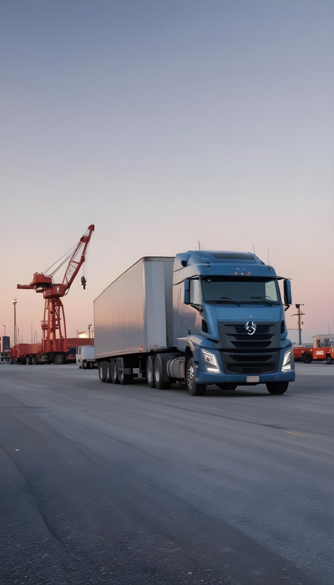A Large Semi Truck With A Blue Cab And A Gray Trailer Parked In Front Of A Port With Cranes In The Background 20 E287