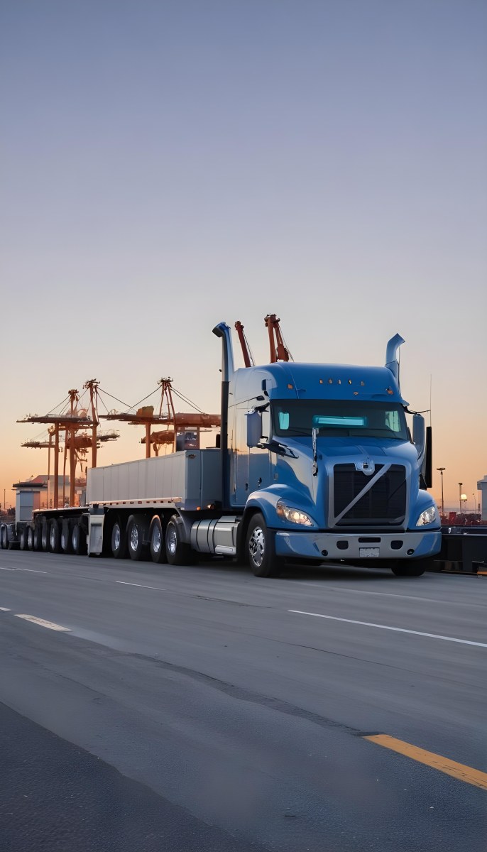 A Large Semi Truck With A Blue Cab And A Gray Trailer Parked In Front Of A Port With Cranes In The Background 21 Fec3