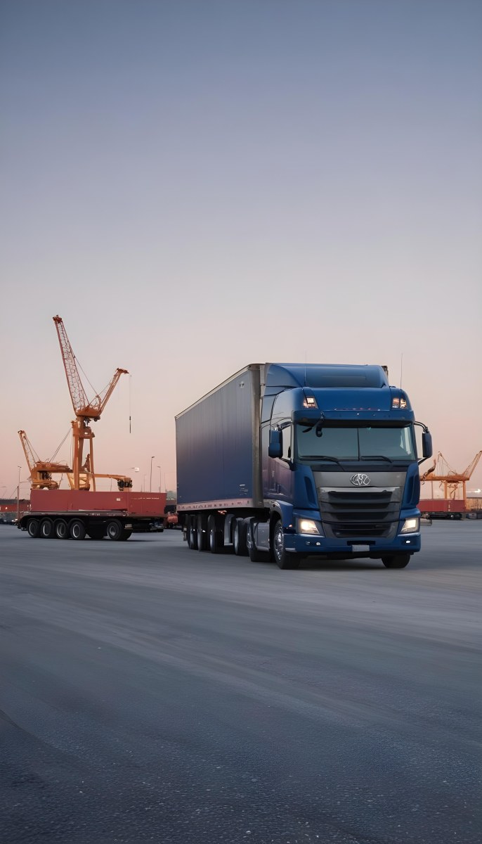A Large Semi Truck With A Blue Cab And A Gray Trailer Parked In Front Of A Port With Cranes In The Background 22 A44a