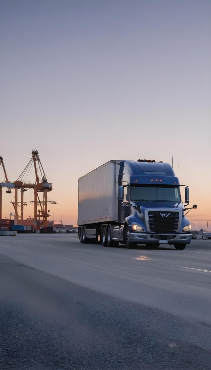 A Large Semi Truck With A Blue Cab And A Gray Trailer Parked In Front Of A Port With Cranes In The Background 23 F8b9