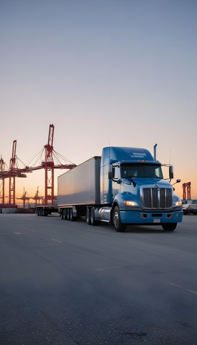 A Large Semi Truck With A Blue Cab And A Gray Trailer Parked In Front Of A Port With Cranes In The Background 4 F4a4