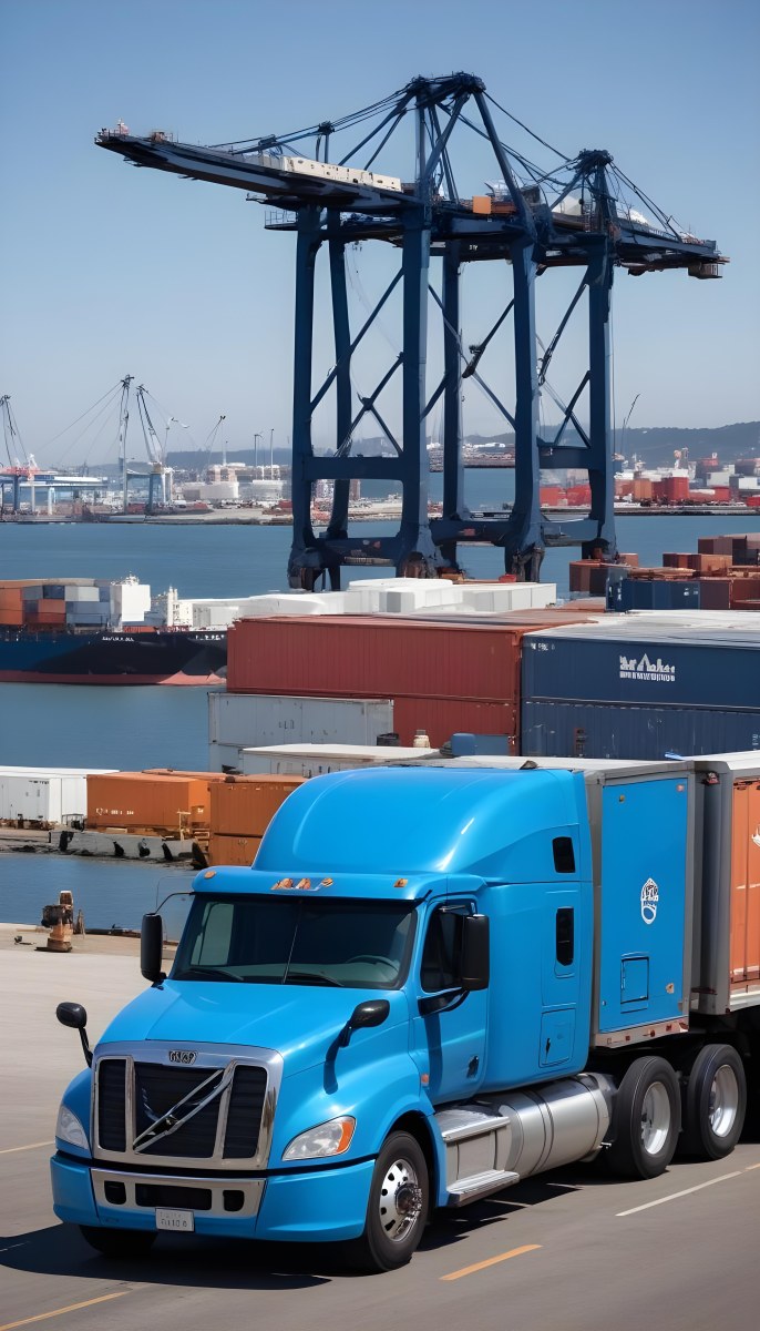 A Large Semi Truck With A Blue Cab And A Gray Trailer Parked In Front Of A Port With Cranes In The Background 5 416f