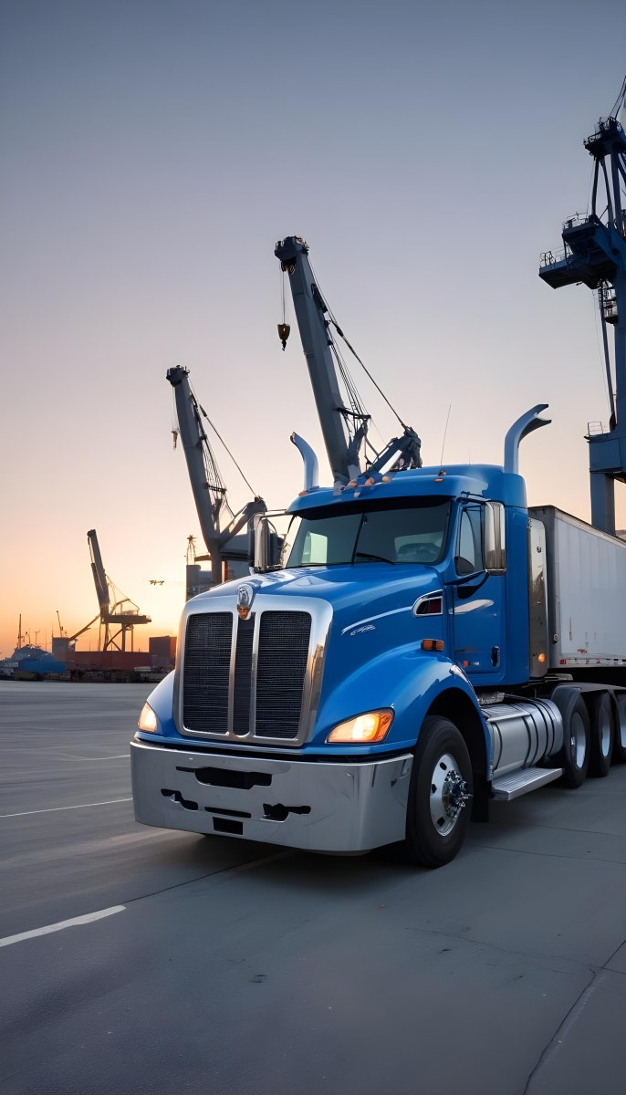 A Large Semi Truck With A Blue Cab And A Gray Trailer Parked In Front Of A Port With Cranes In The Background 7 C667